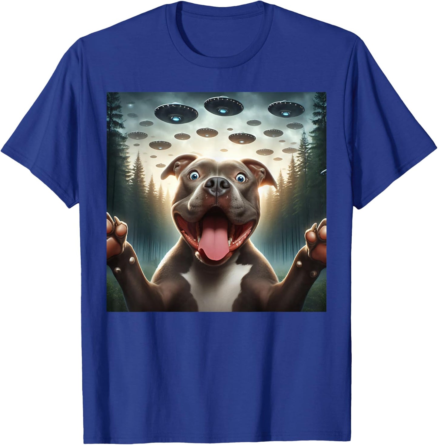 Pitbull Selfie with UFO alien funny surprised Pitbull dog Men Women Kids T-Shirt - T-Shirt | Royal
