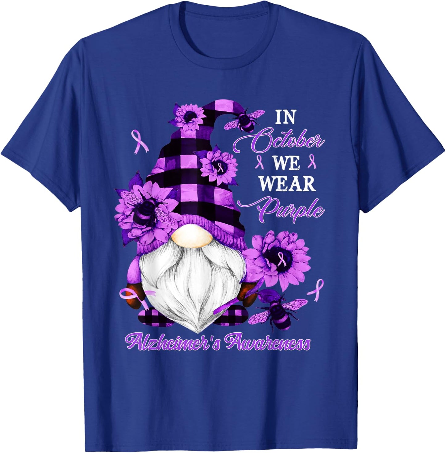 In October We Wear Purple Gnome Alzheimer's Awareness T-Shirt - T-Shirt | Royal