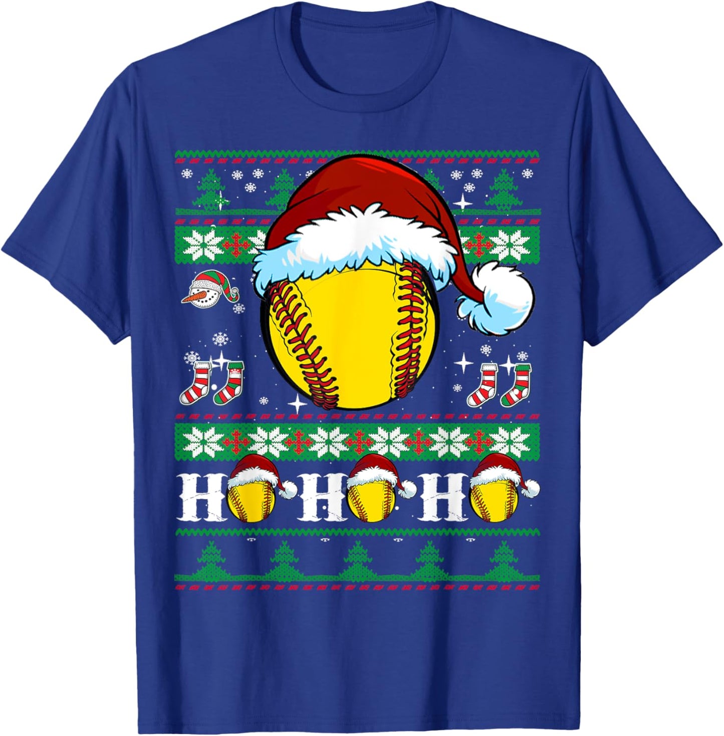 Ugly Christmas Softball Ho Ho Funny Xmas Sports Santa Hat T-Shirt - T-Shirt | Royal