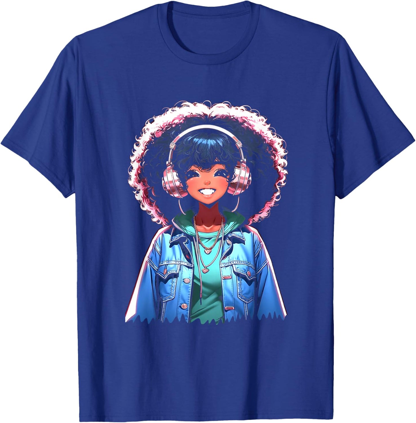 Anime and Music Black Girl Anime Merch Afro African American T-Shirt - T-Shirt | Royal
