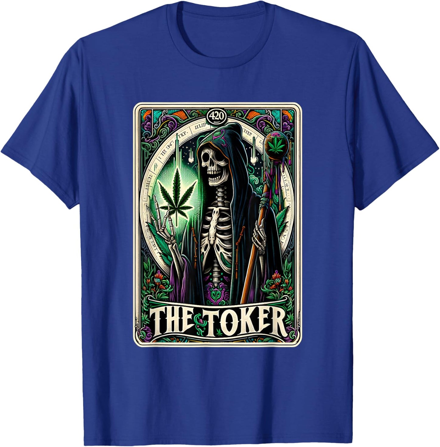 Tarot Card The Toker 420 Cannabis Skeleton Stoner Weed Goth T-Shirt - T-Shirt | Royal
