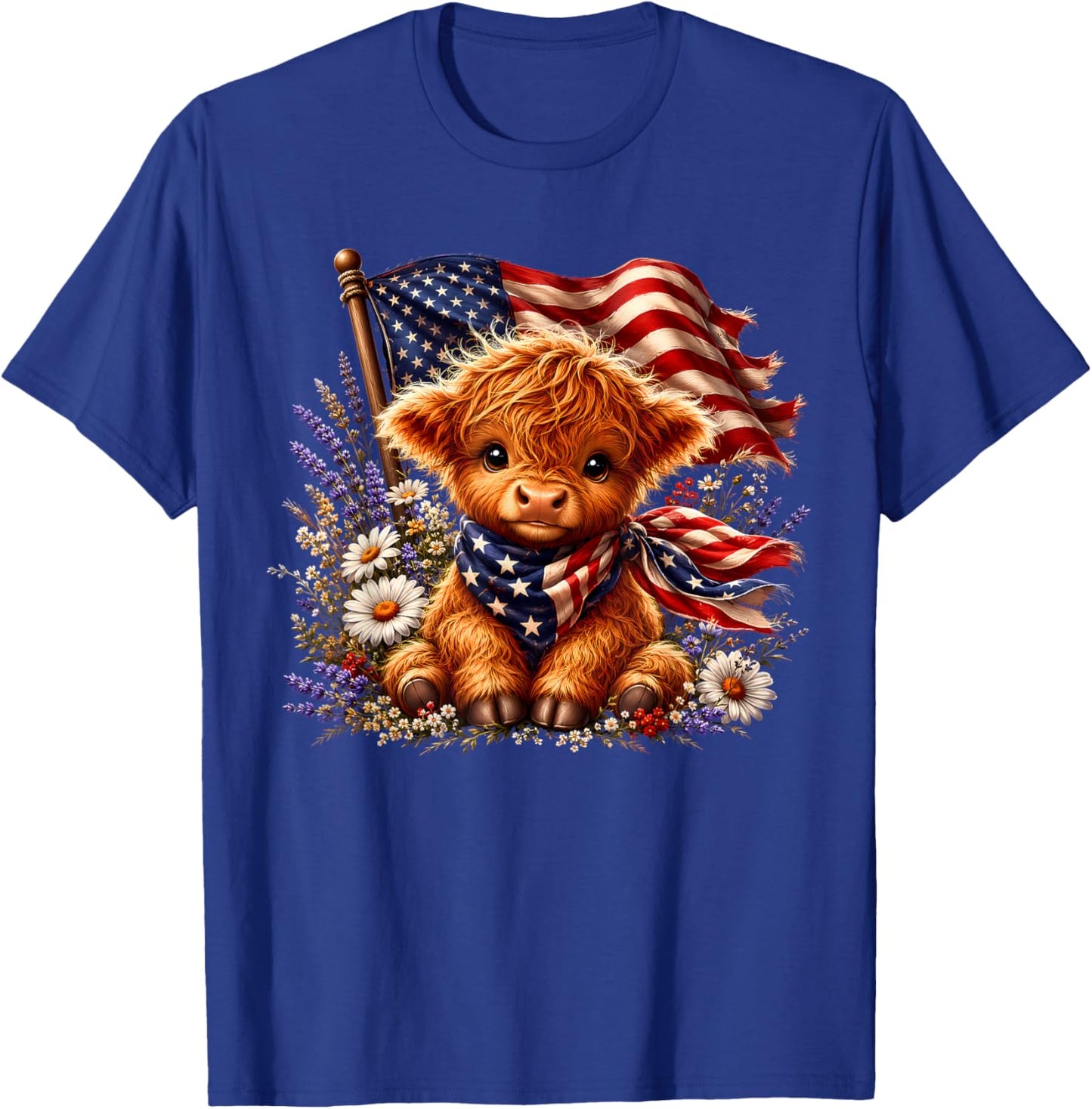Highland Cow Florals 4th of July American USA Flag Patriotic T-Shirt - T-Shirt | Royal