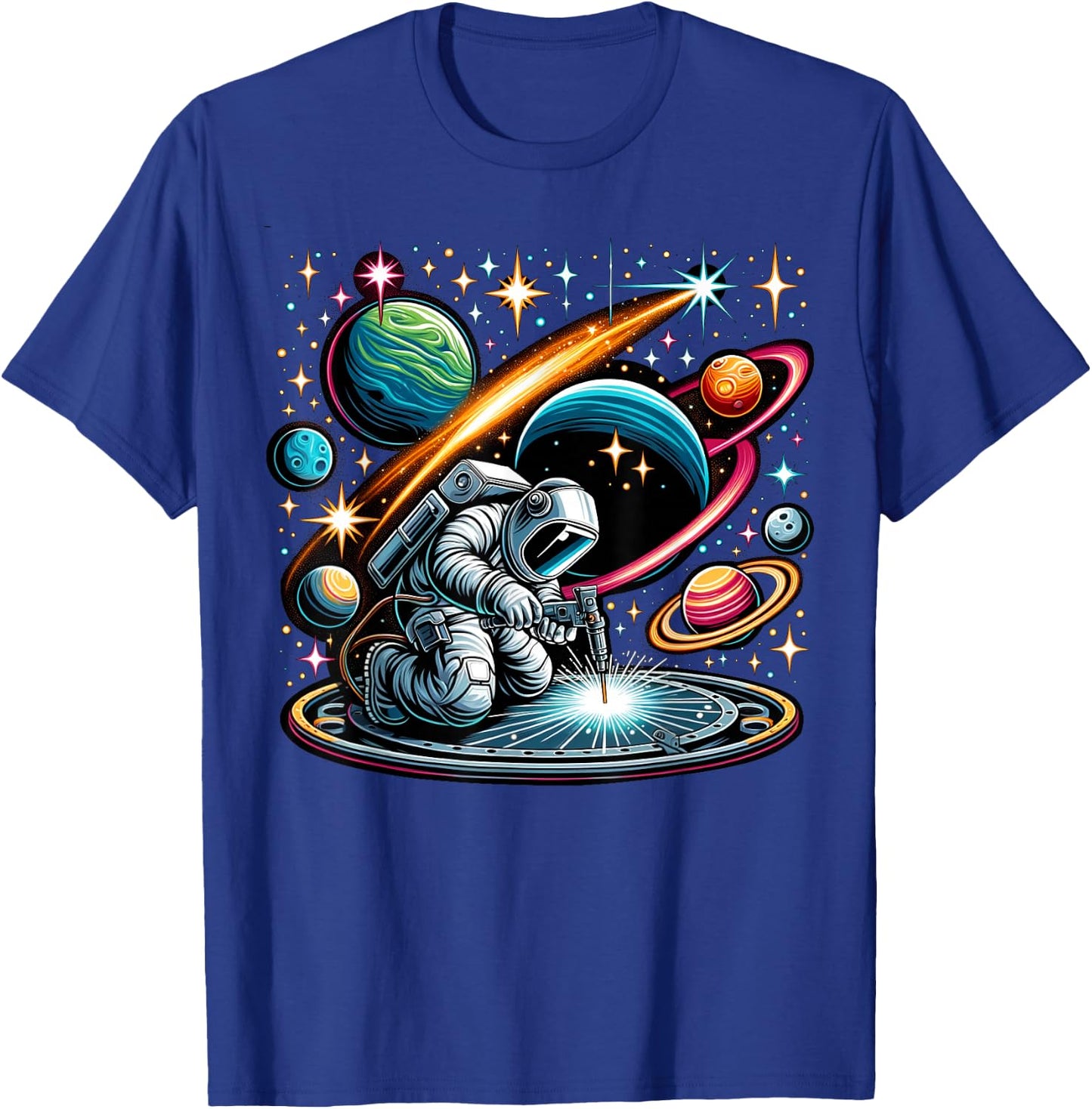 Welder Astronaut Welding metal pieces together T-Shirt - T-Shirt | Royal