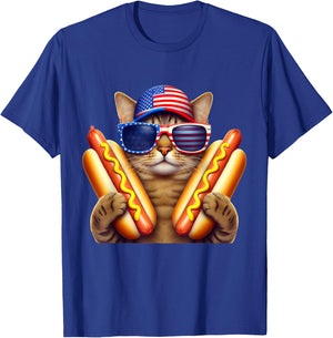 4th of July Hotdog Cat Funny Patriotic Cat USA Flag Wiener T-Shirt - T-Shirt | Royal
