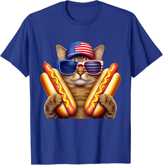 4th of July Hotdog Cat Funny Patriotic Cat USA Flag Wiener T-Shirt - T-Shirt | Royal