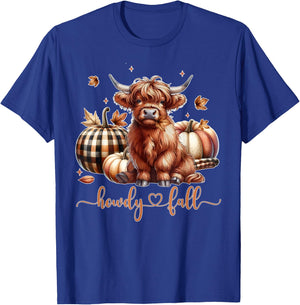 Howdy Fall Western Farm Country Highland Cow Autumn Pumpkin T-Shirt - T-Shirt | Royal