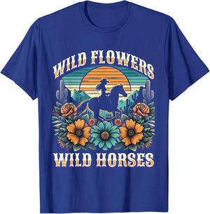 Sunset Cowgirl Riding Horse Wild Flowers - Wild Horses T-Shirt - T-Shirt | Royal