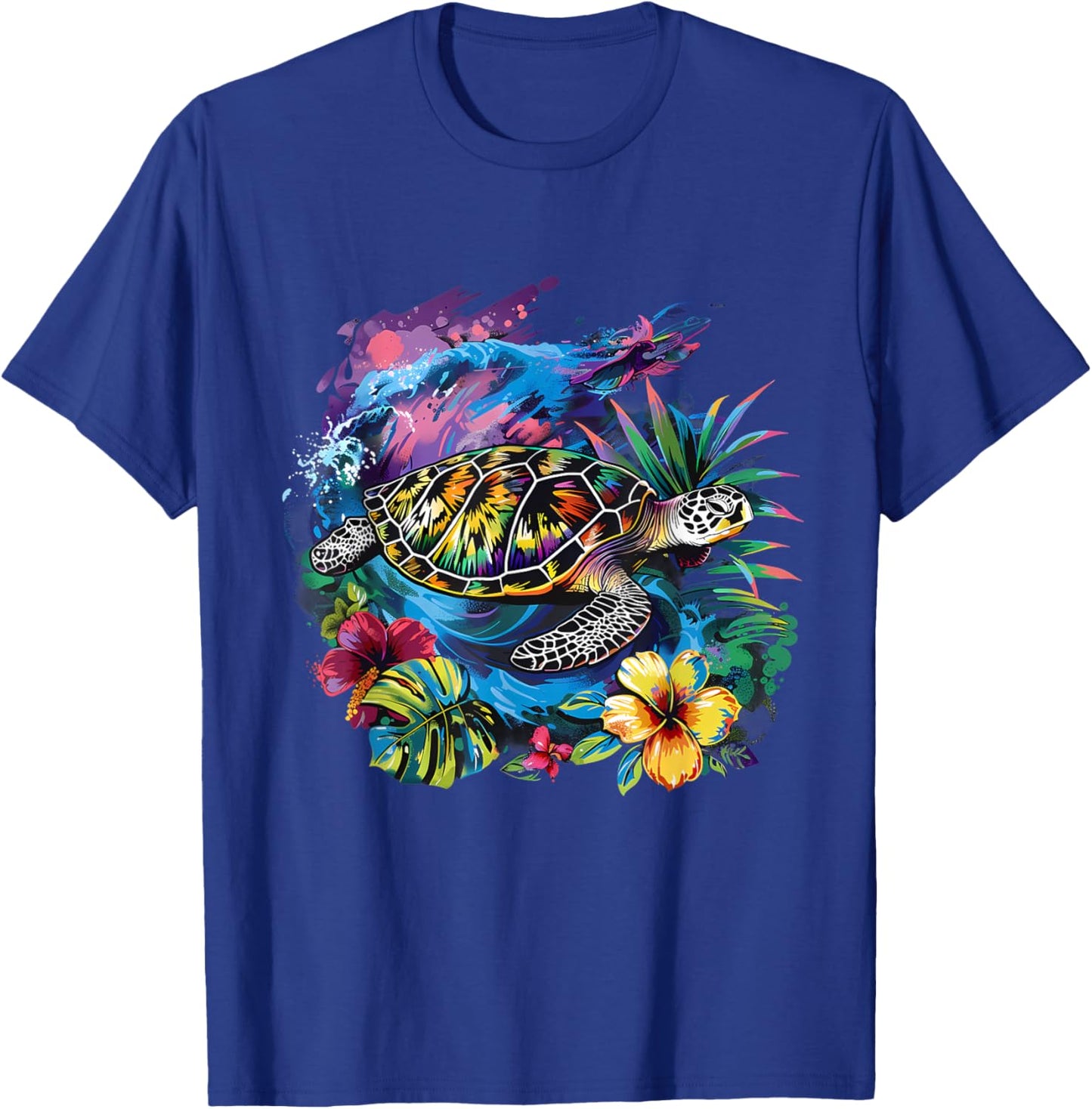 Sea Turtle Floral Artwork Marine Mammal Sea Ocean Animal T-Shirt - T-Shirt | Royal