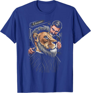 Cool-Looking Lion in a Barber Shop, Having a Haircut Funny T-Shirt - T-Shirt | Royal