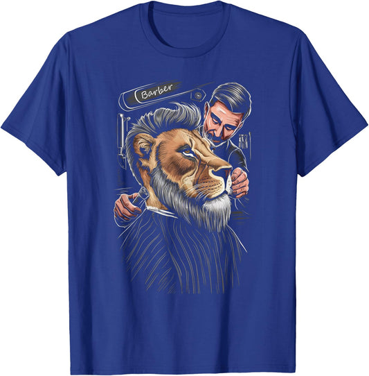 Cool-Looking Lion in a Barber Shop, Having a Haircut Funny T-Shirt - T-Shirt | Royal