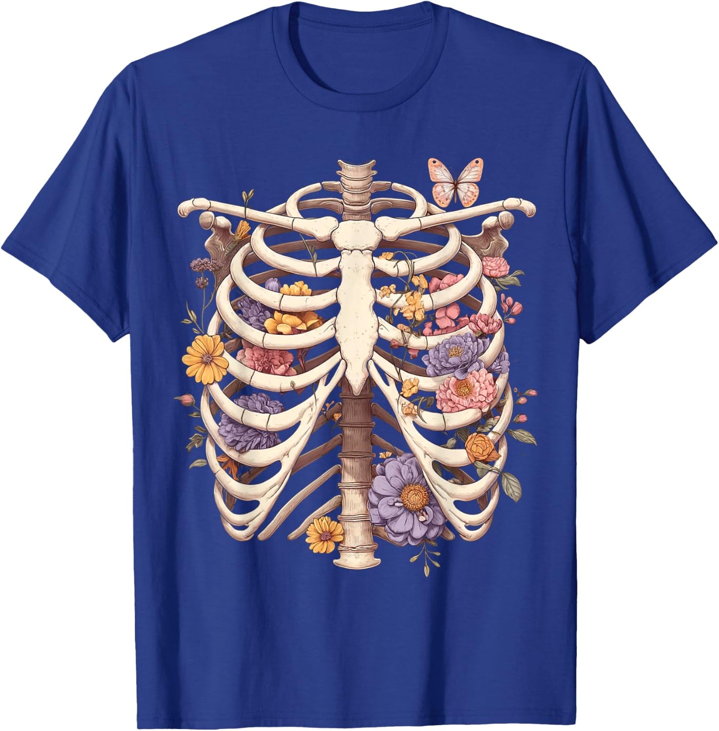 Goth Heart Ribcage with Butterflies and Flowers Skeleton T-Shirt - T-Shirt | Royal