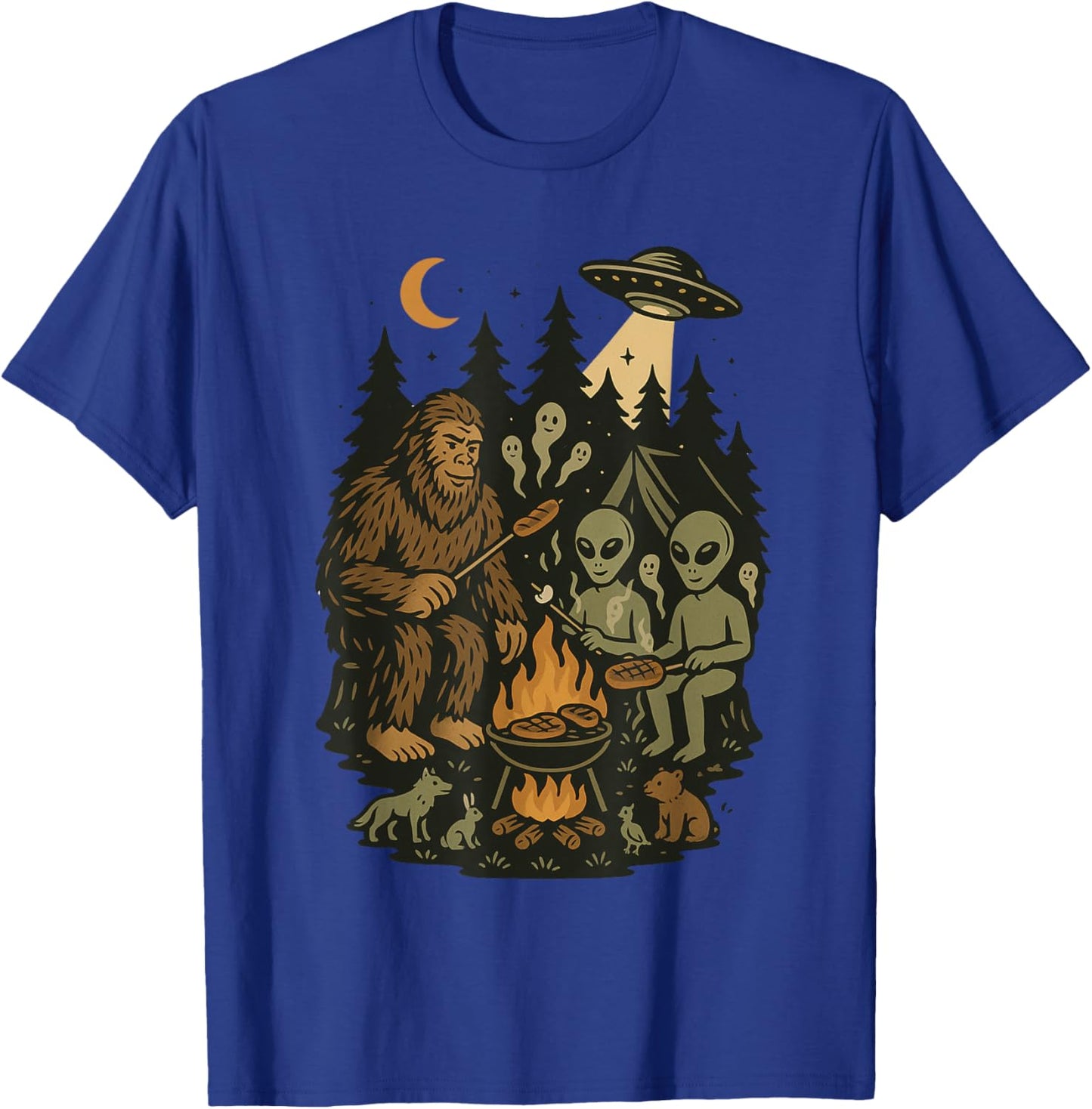 Bigfoot and Aliens Cooking in Forest with UFOs and Animals T-Shirt - T-Shirt | Royal