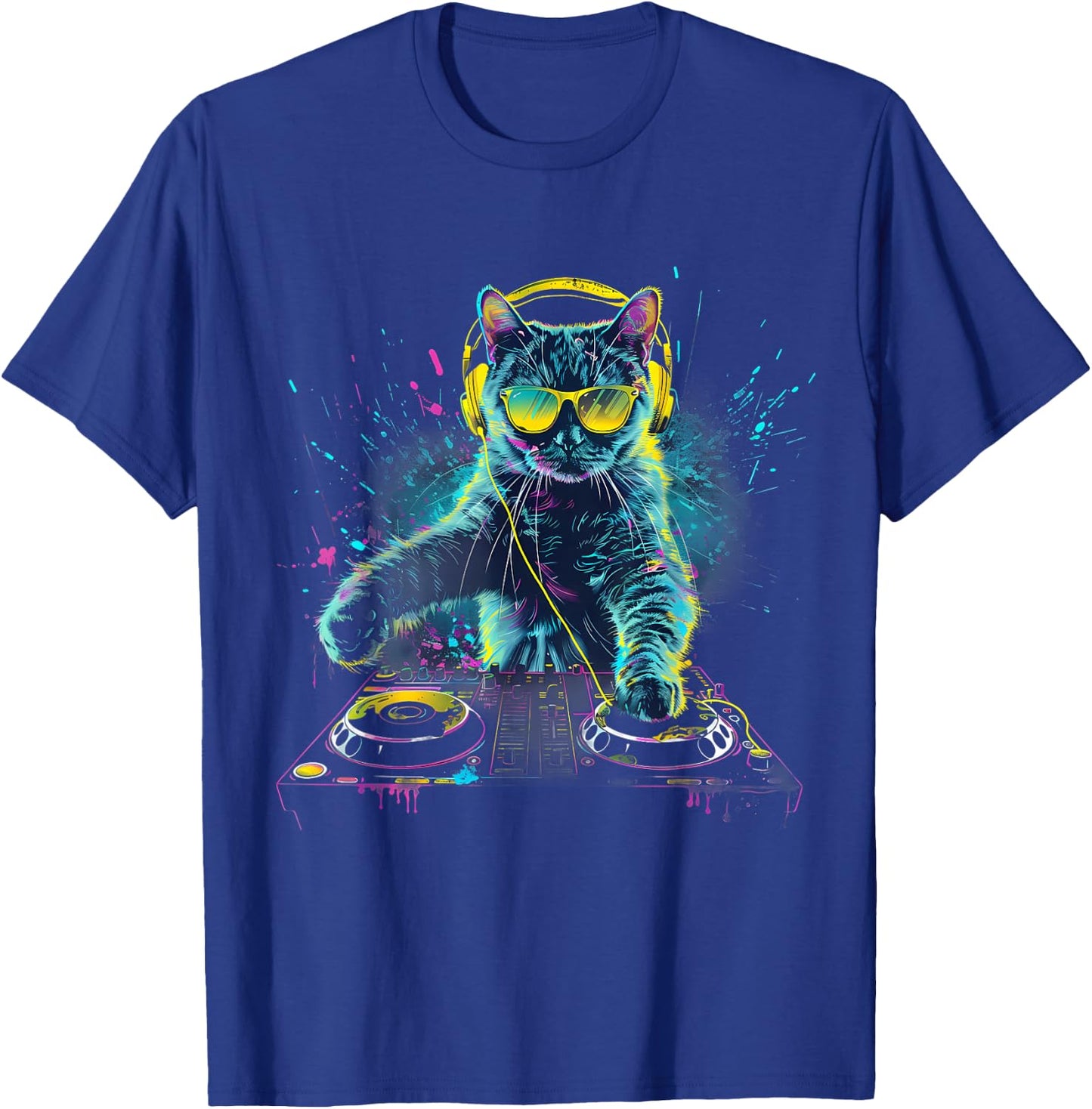 DJ Cat Splash House Music Beatmaker EDM Turntable DJ Cat T-Shirt - T-Shirt | Royal
