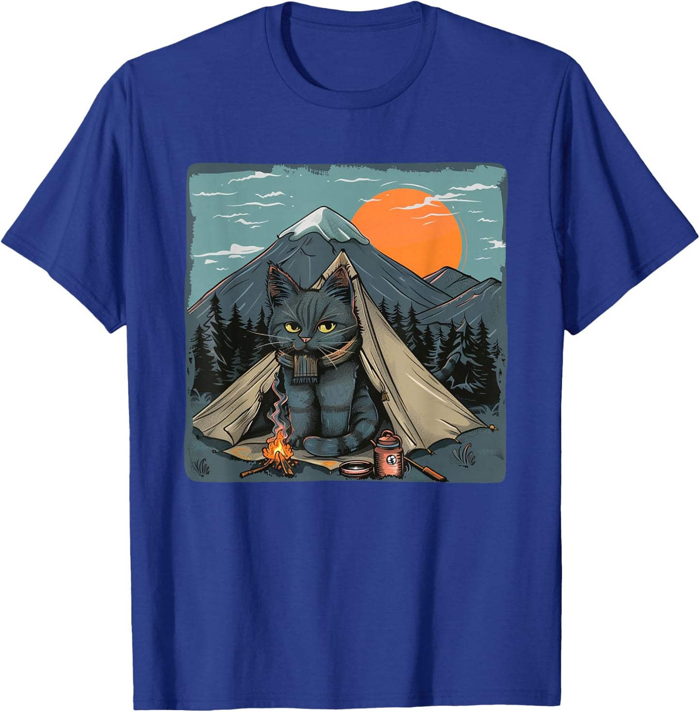 Awesome Nature Camping Cat with nice Mountains and Sunset T-Shirt - T-Shirt | Royal