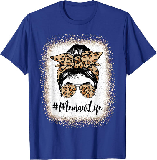 Memaw Life Bleached Leopard Messy Bun Mother's Day T-Shirt - T-Shirt | Royal