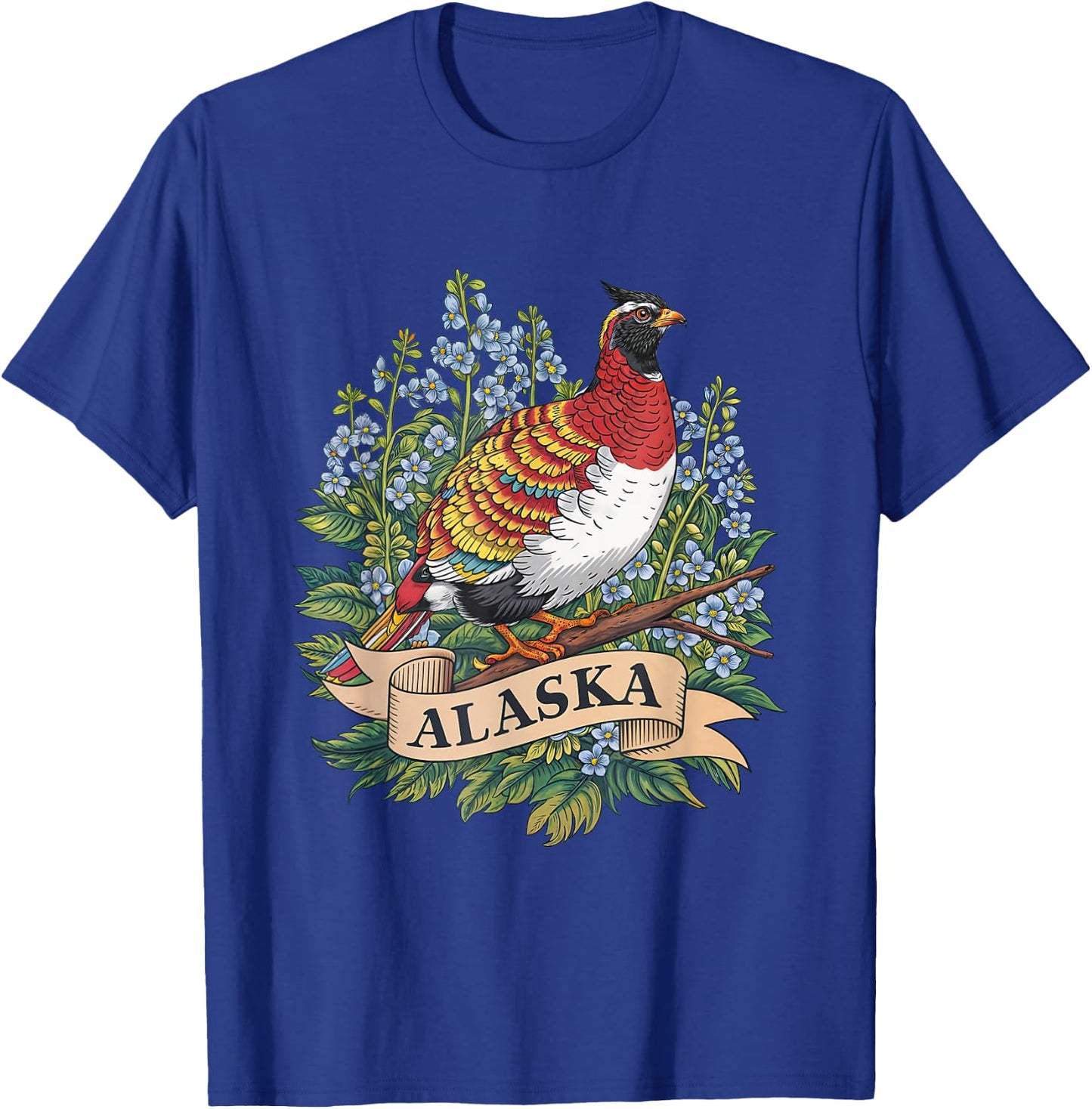 Alaska Willow Ptarmigan Bird and Forget-Me-Not Flower T-Shirt - T-Shirt | Royal