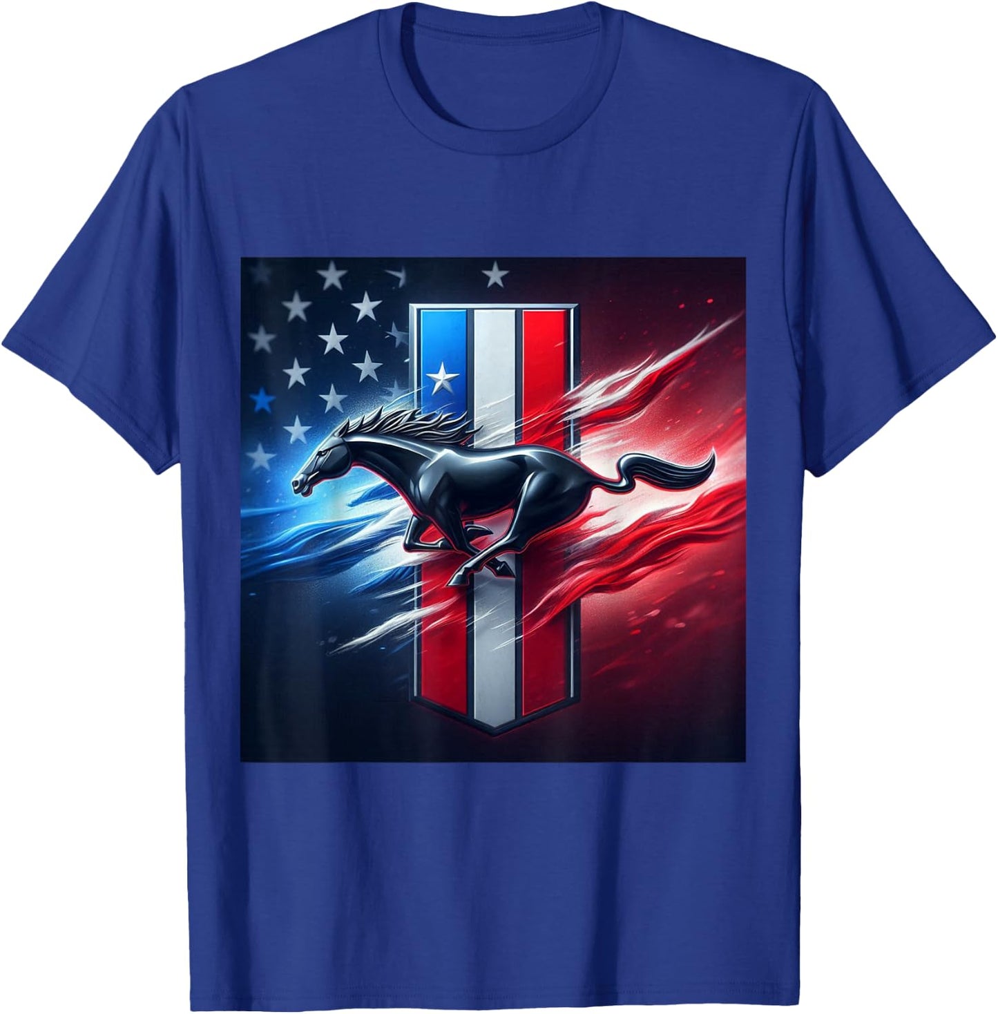 Galloping Mustang on Tri-Bar & Flag Background T-Shirt - T-Shirt | Royal