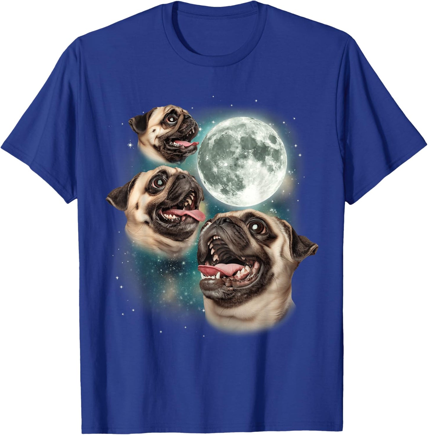 Three Pug Moon | 3 Pug Howling Funny Cute Dog Lover T-Shirt - T-Shirt | Royal