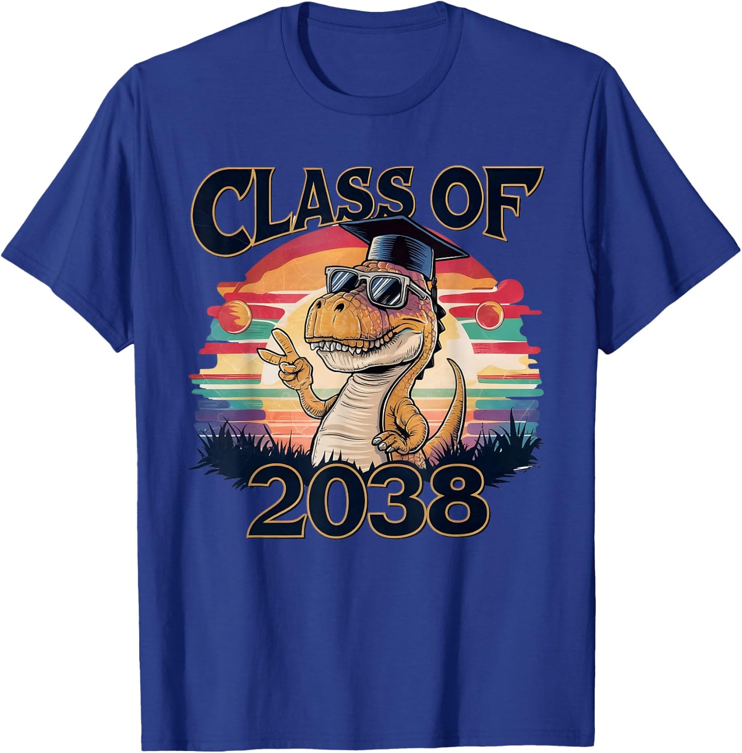 Class of 2038 Dinosaur Peace sign hand Graduation retro T-Shirt - T-Shirt | Royal