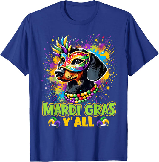 Dachshund Dog Mardi Gras Y'all With Beads Mask Colorful T-Shirt - T-Shirt | Royal