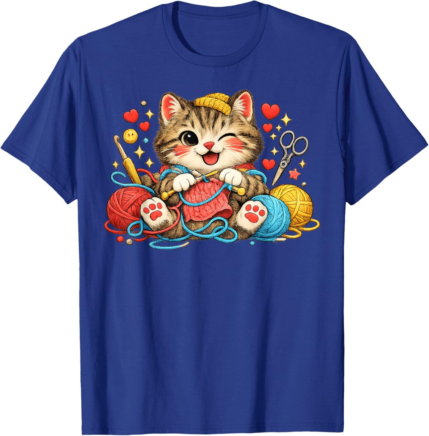Funny Knitting Cat Crochet Yarn Lover Cute Cat Design T-Shirt - T-Shirt | Royal