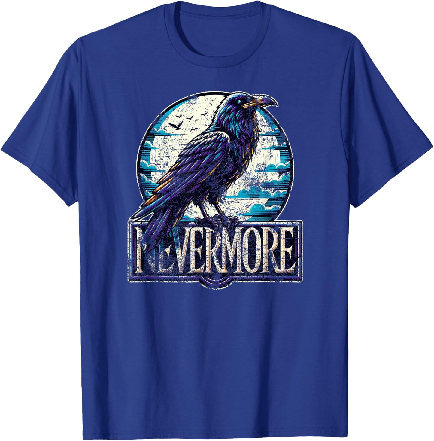 Nevermore with Raven Edgar Allan Poe Distressed T-Shirt - T-Shirt | Royal