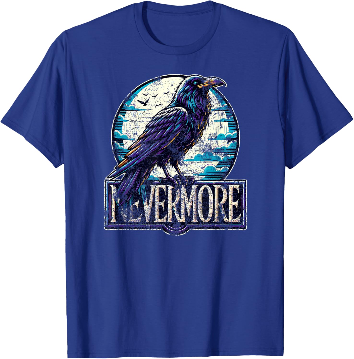 Nevermore with Raven Edgar Allan Poe Distressed T-Shirt - T-Shirt | Royal