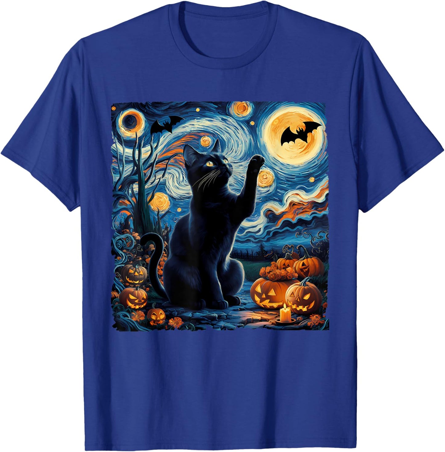 Halloween Van Gogh' Starry Night Black Cat Pumpkins Bats Women Kids T-Shirt - T-Shirt | Royal