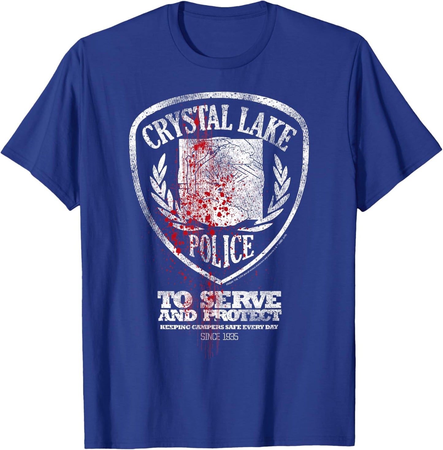 Friday The 13th Crystal Lake Police Blood Splatter Badge T-Shirt - T-Shirt | Royal