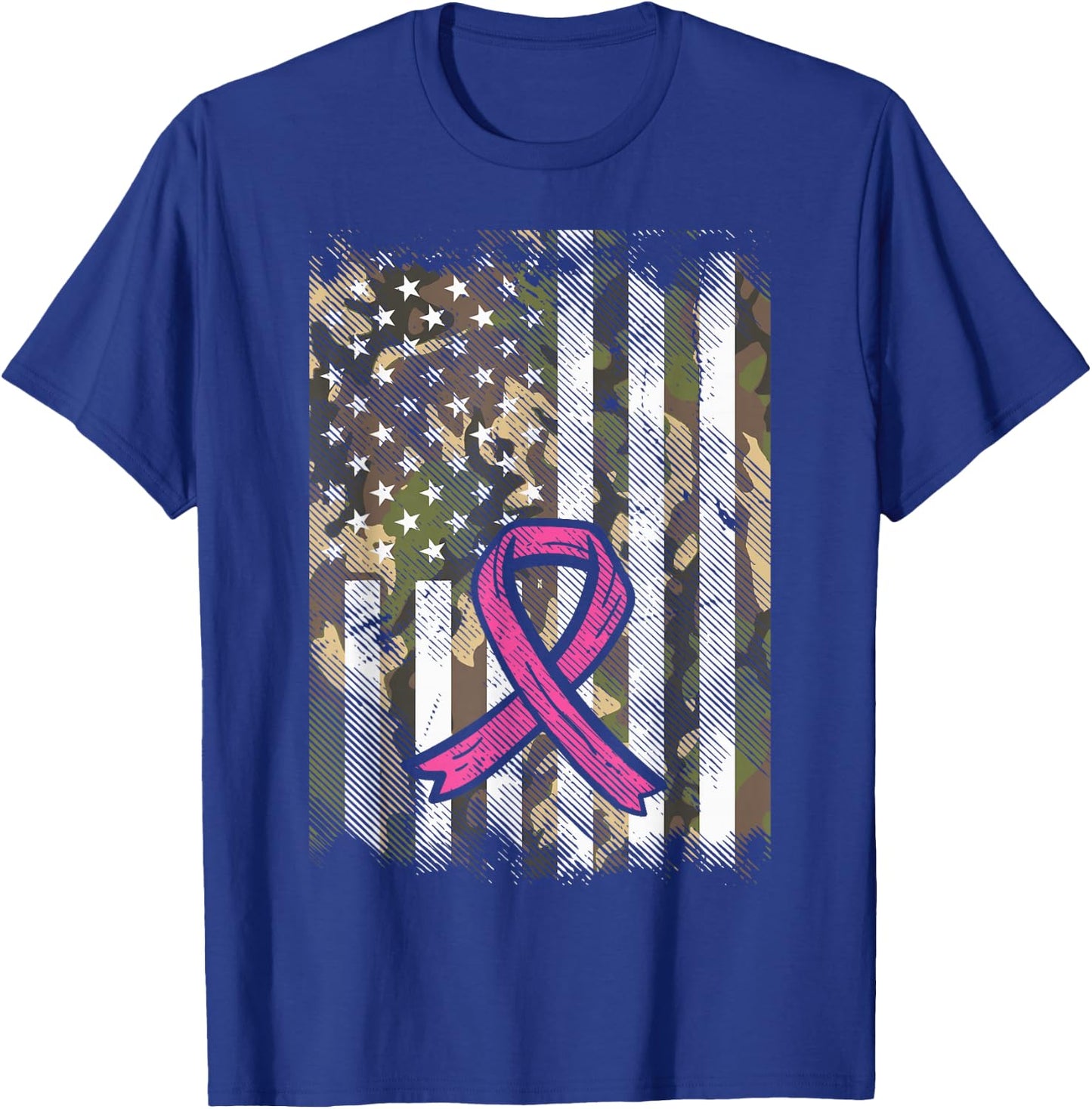 Camo Flag Pink Ribbon Breast Cancer Awareness Patriotic T-Shirt - T-Shirt | Royal