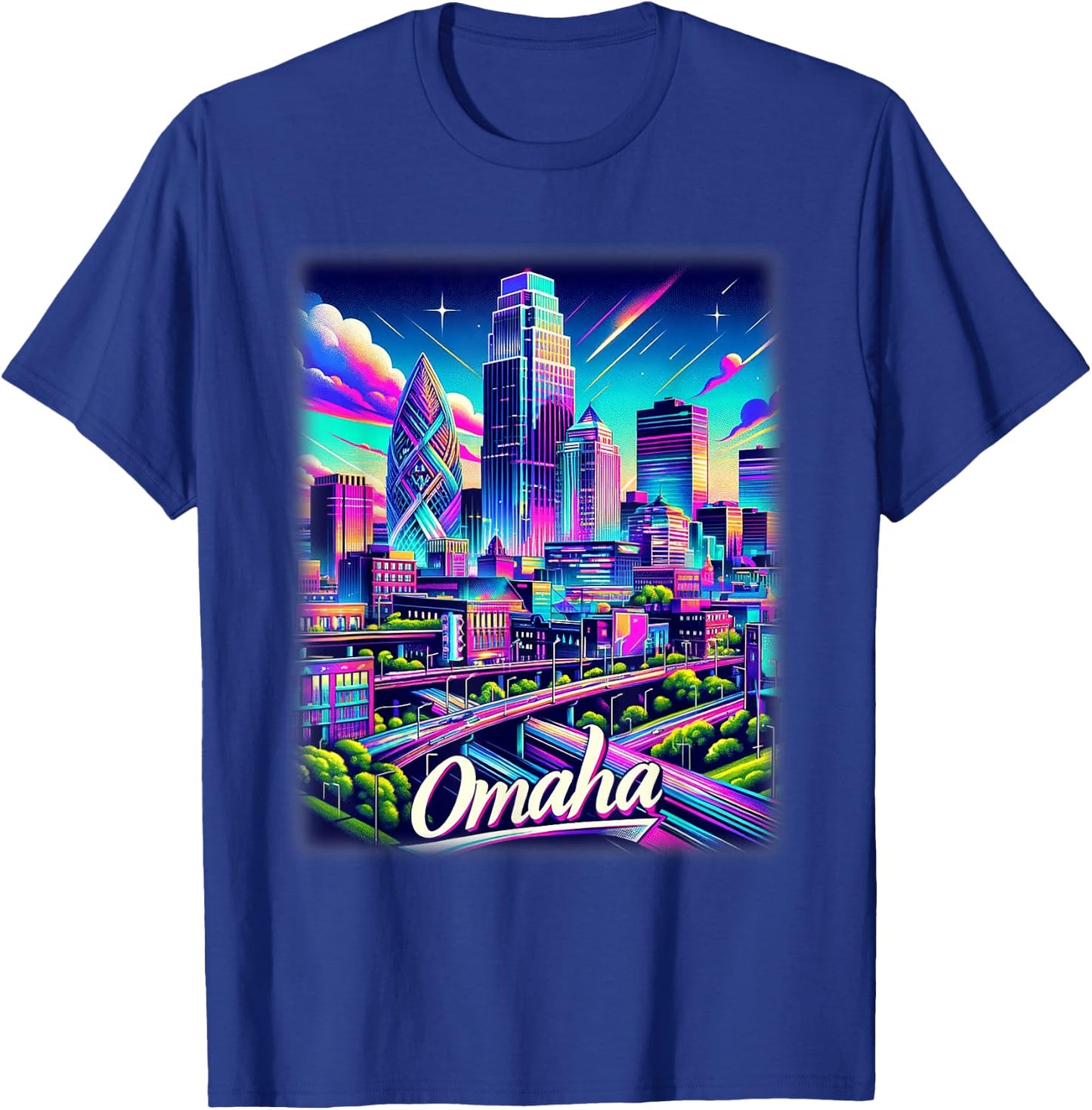 Omaha Nebraska Shirt Family Trip 80s 90s Retro City Skyline T-Shirt - T-Shirt | Royal