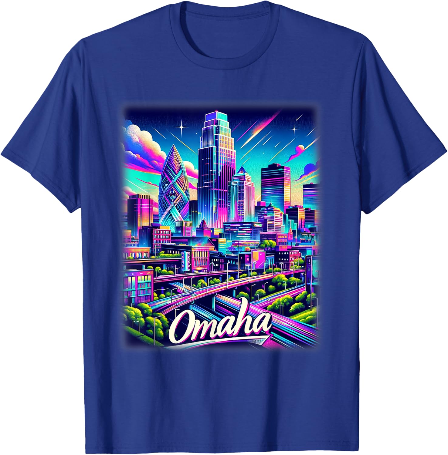 Omaha Nebraska Shirt Family Trip 80s 90s Retro City Skyline T-Shirt - T-Shirt | Royal
