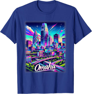 Omaha Nebraska Shirt Family Trip 80s 90s Retro City Skyline T-Shirt - T-Shirt | Royal