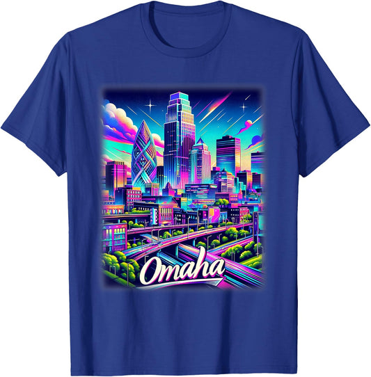 Omaha Nebraska Shirt Family Trip 80s 90s Retro City Skyline T-Shirt - T-Shirt | Royal
