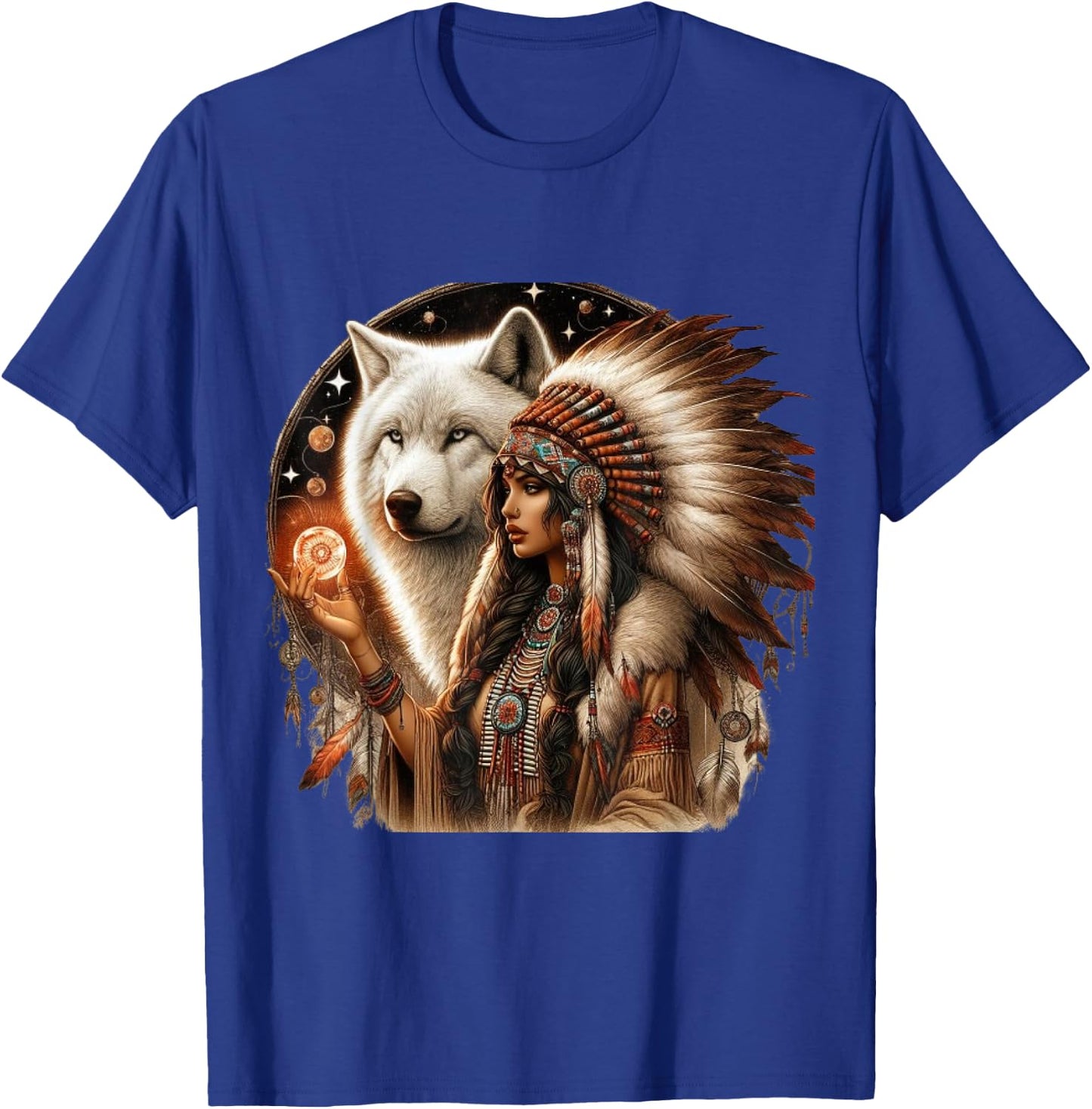 Indian Native American Woman With White Wolf Vitage Gifts T-Shirt - T-Shirt | Royal