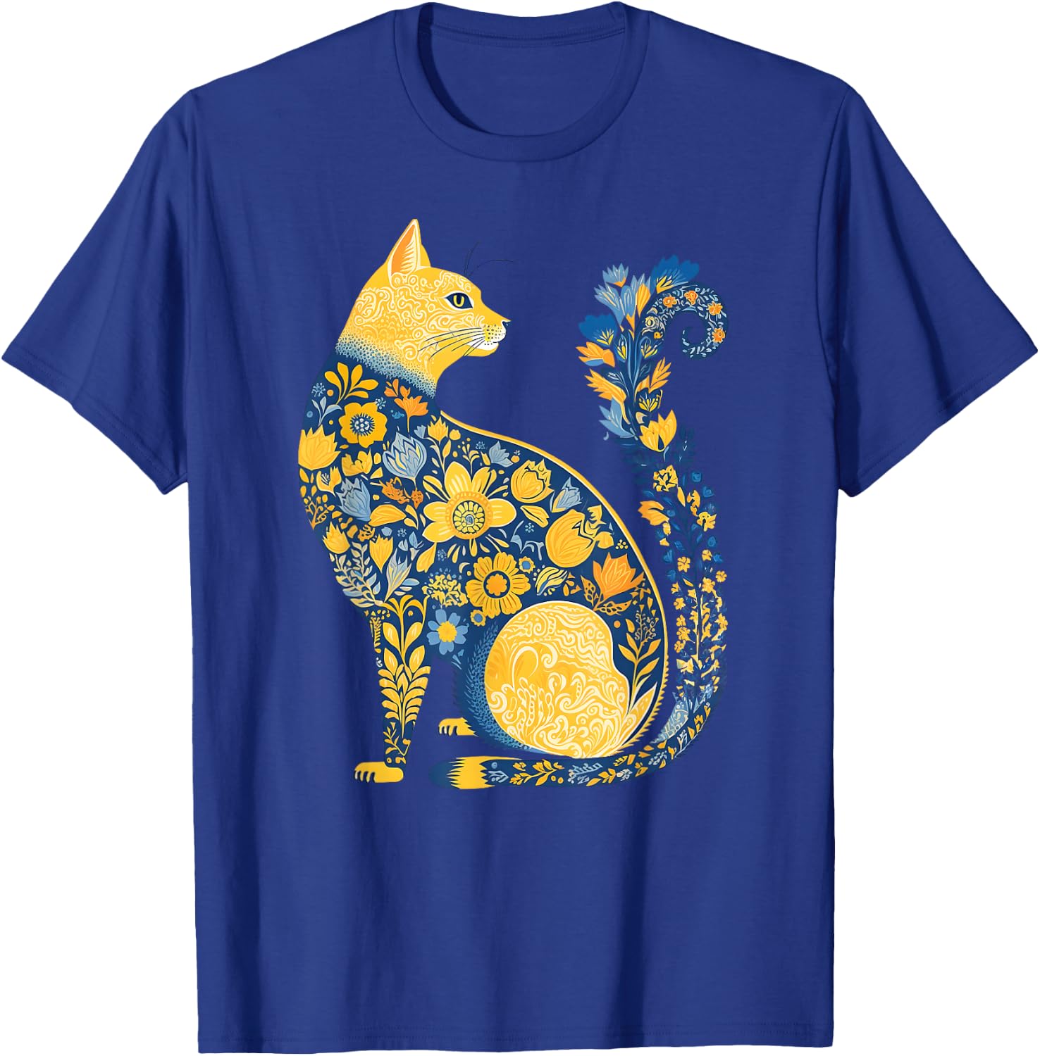 Ukrainian Cat Cute Floral Vintage Ukraine Flag & Vyshyvanka T-Shirt - T-Shirt | Royal