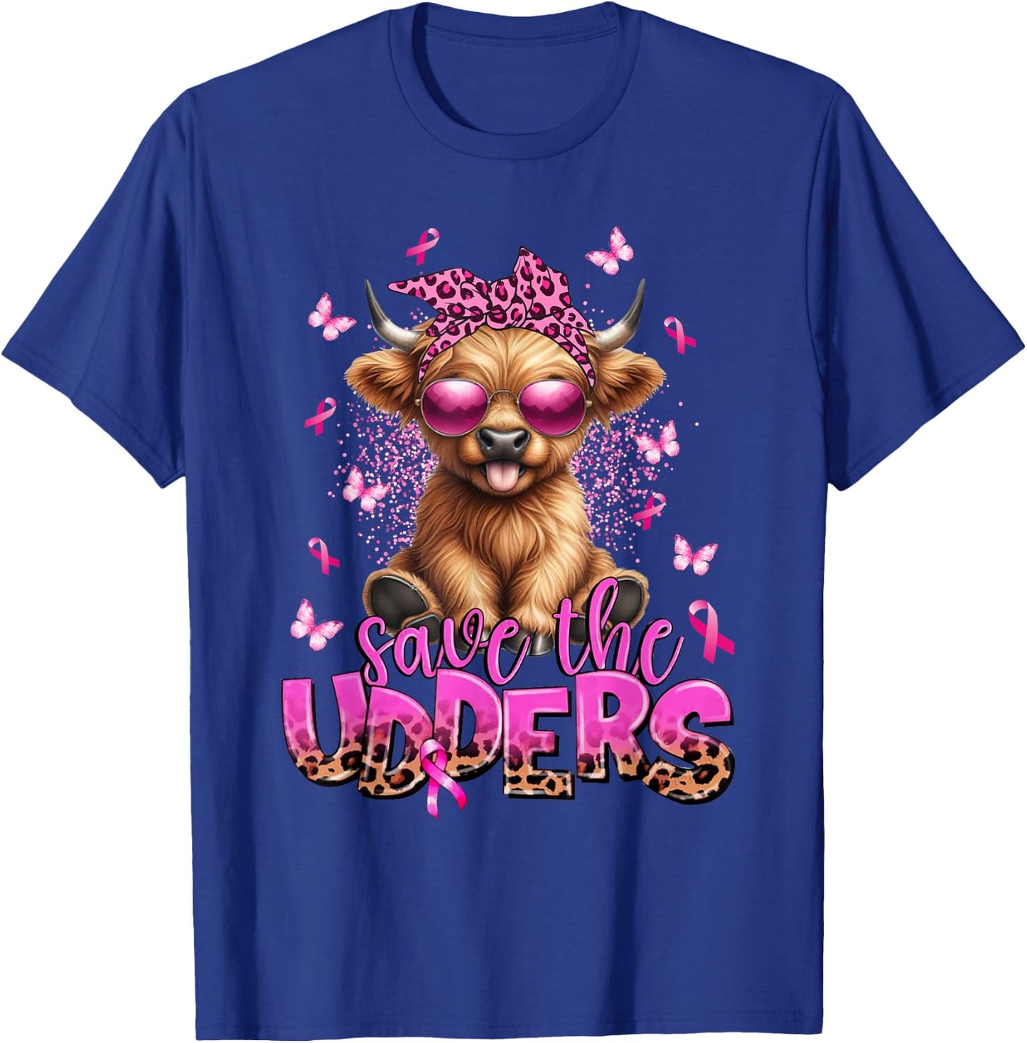 Save The Udders Breast Cancer Awareness Warrior Highland Cow T-Shirt - T-Shirt | Royal