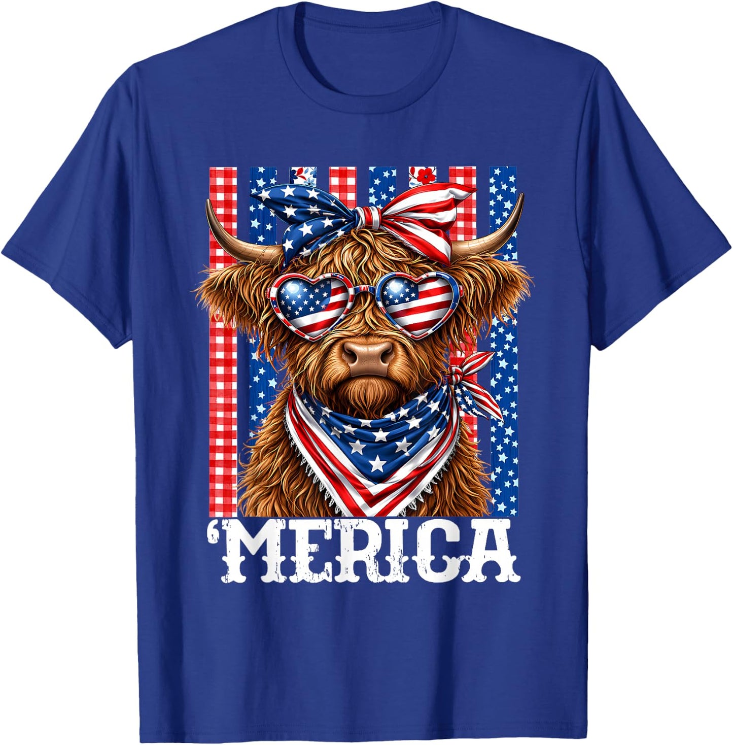 'Merica Highland Cow 4th of July Red White Blue Western Cow T-Shirt - T-Shirt | Royal