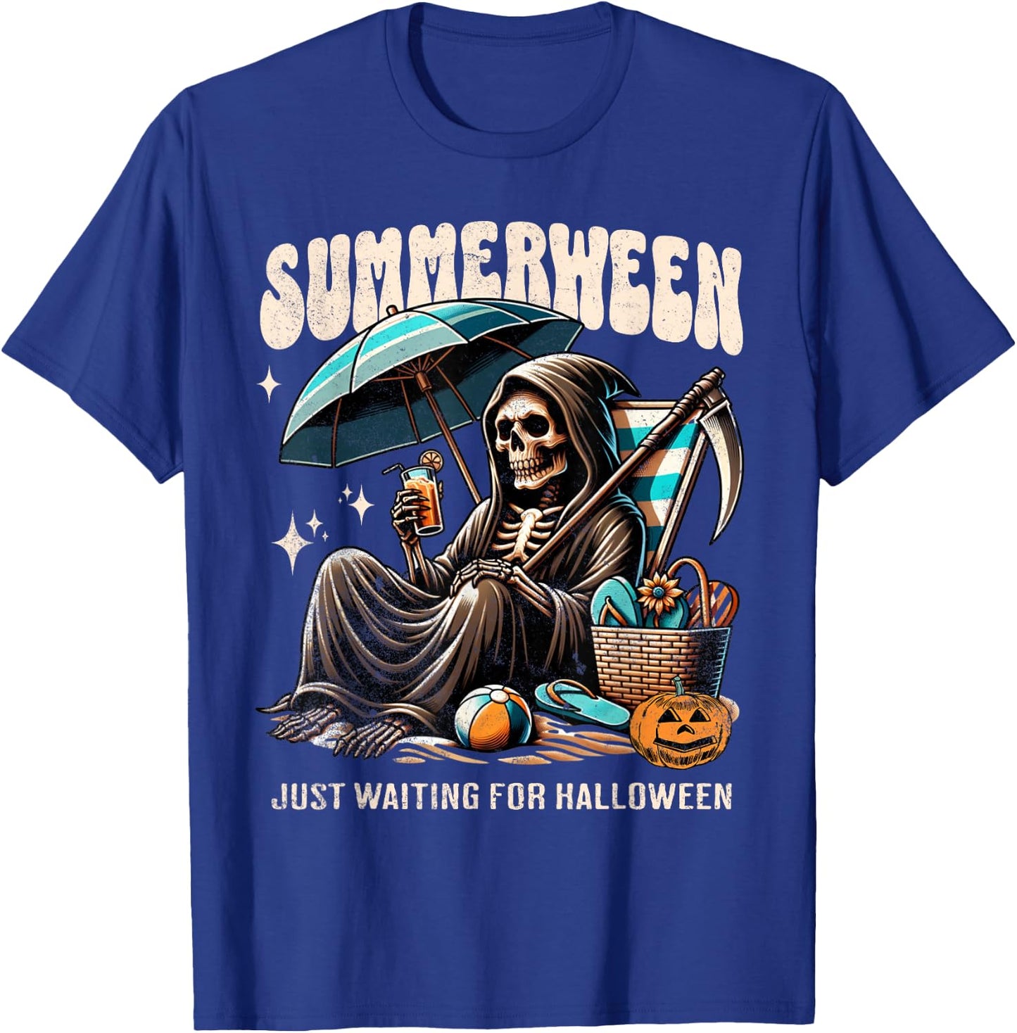 Summerween Grim Reaper Skeleton Summer Vibes Halloween Ghost Men Women Kids T-Shirt - T-Shirt | Royal