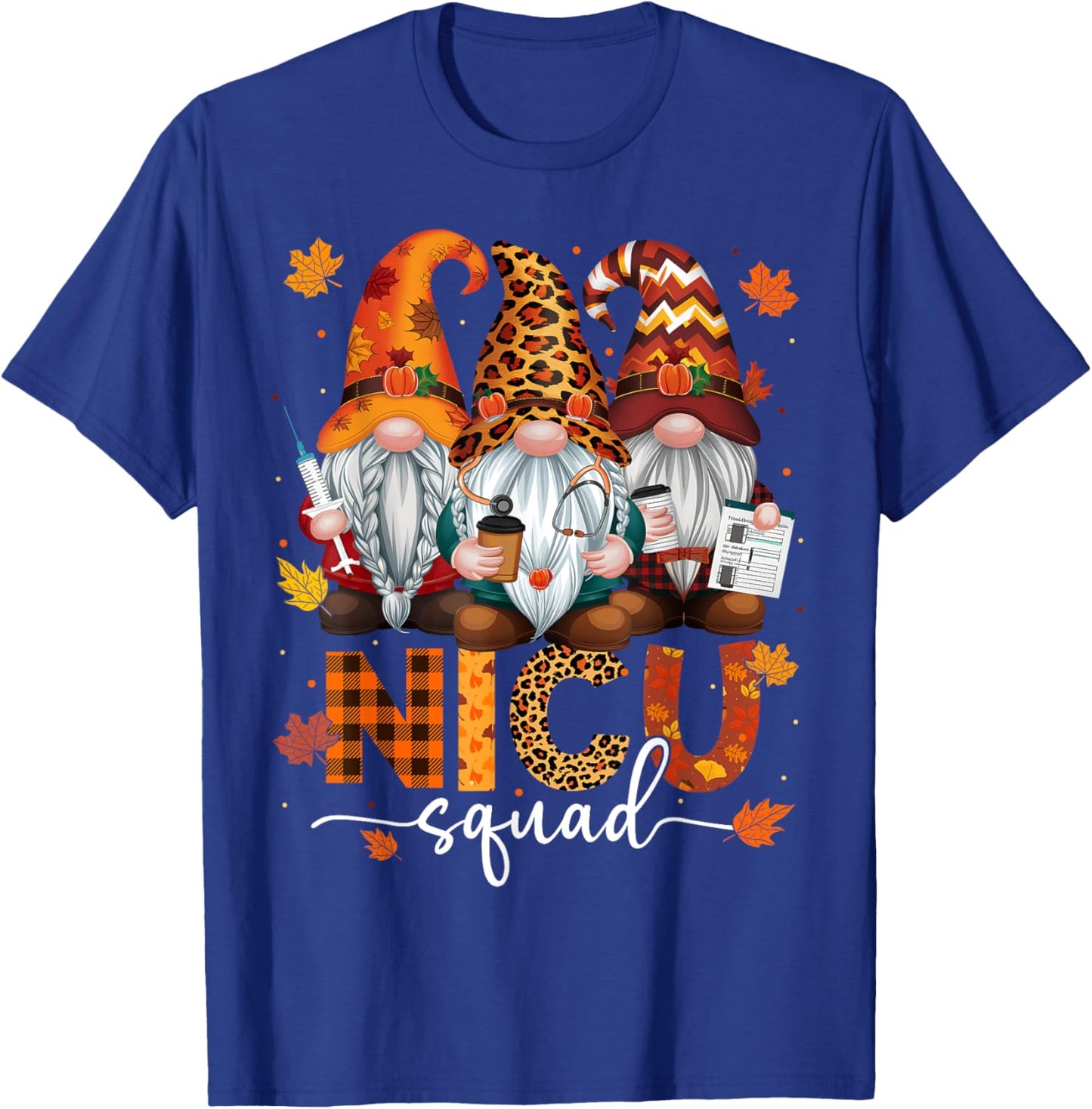 NICU Squad Gnome Nurse Leopard Thanksgiving Stethoscope T-Shirt - T-Shirt | Royal