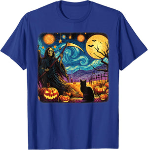 Halloween Van Gogh Starry Night Grim Reaper Pumpkins Cats T-Shirt - T-Shirt | Royal