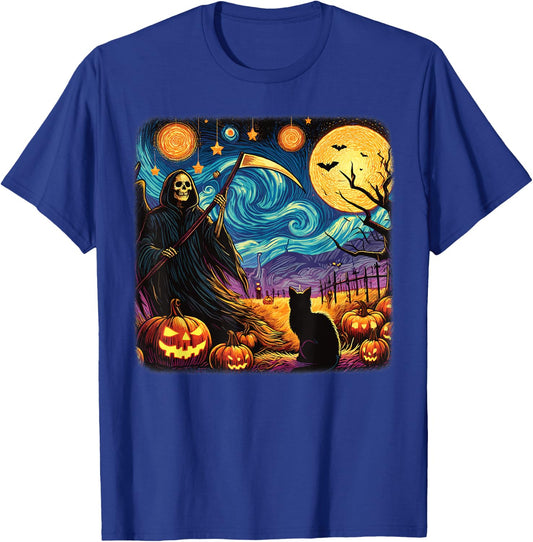Halloween Van Gogh Starry Night Grim Reaper Pumpkins Cats T-Shirt - T-Shirt | Royal