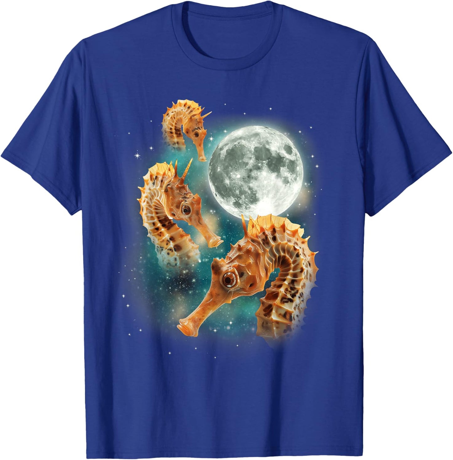 Three Seahorses Moon | 3 Cute Ocean Marine Animal Sea Horse T-Shirt - T-Shirt | Royal