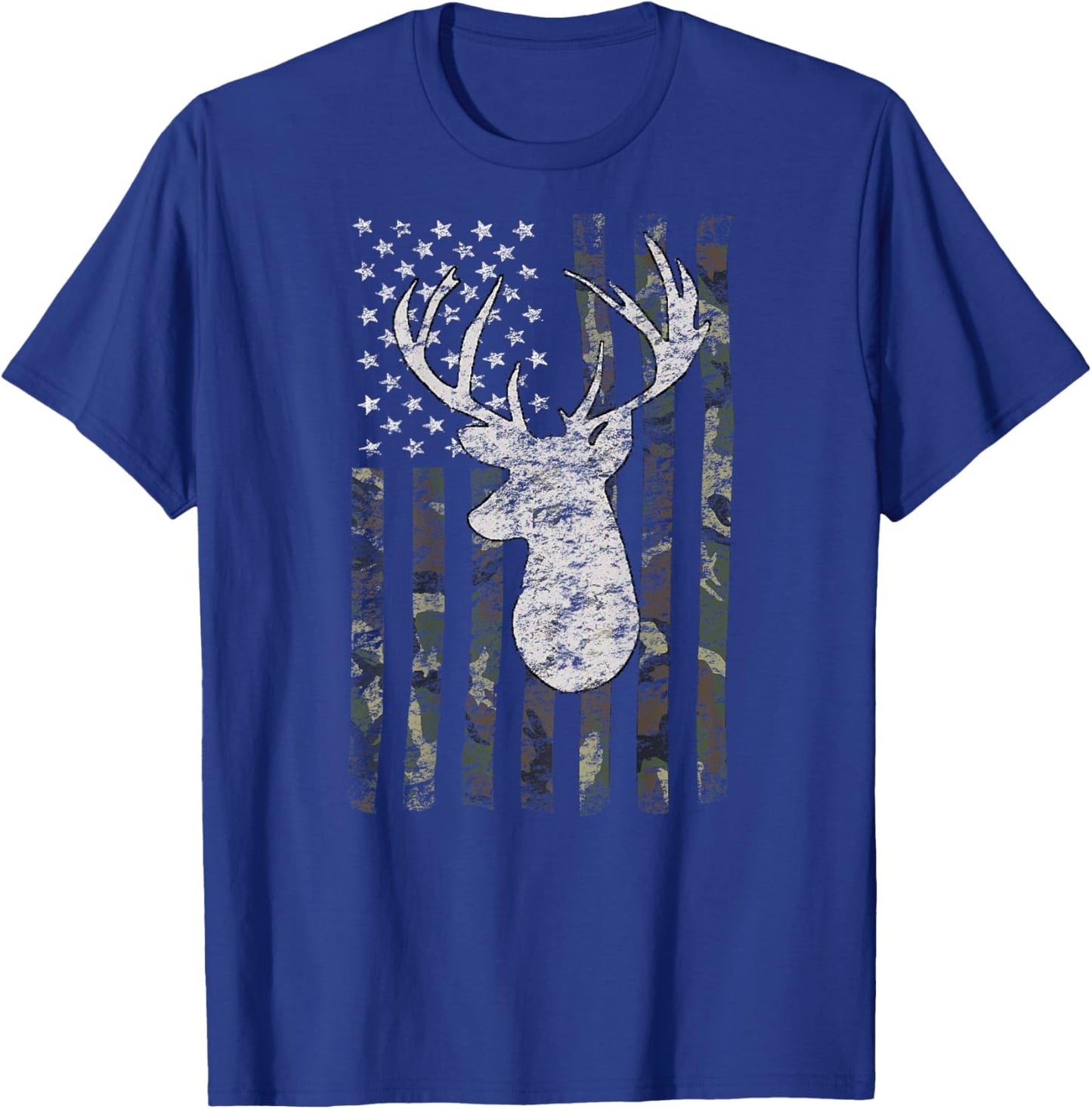 Deer Hunting American Flag Camo Buck Silhouette (on Back) Kids Men T-Shirt - T-Shirt | Royal