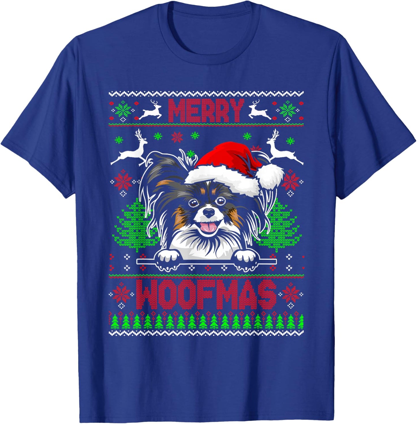 Merry Woofmas Christmas Santa Papillon Sweater T-Shirt - T-Shirt | Royal