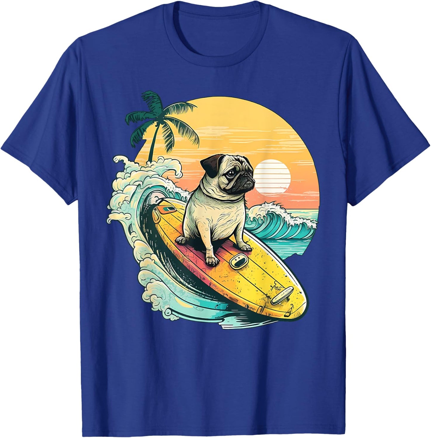 Funny Surfing Pug On Beach Pet Lover Vacation Summer T-Shirt - T-Shirt | Royal