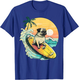 Funny Surfing Pug On Beach Pet Lover Vacation Summer T-Shirt - T-Shirt | Royal