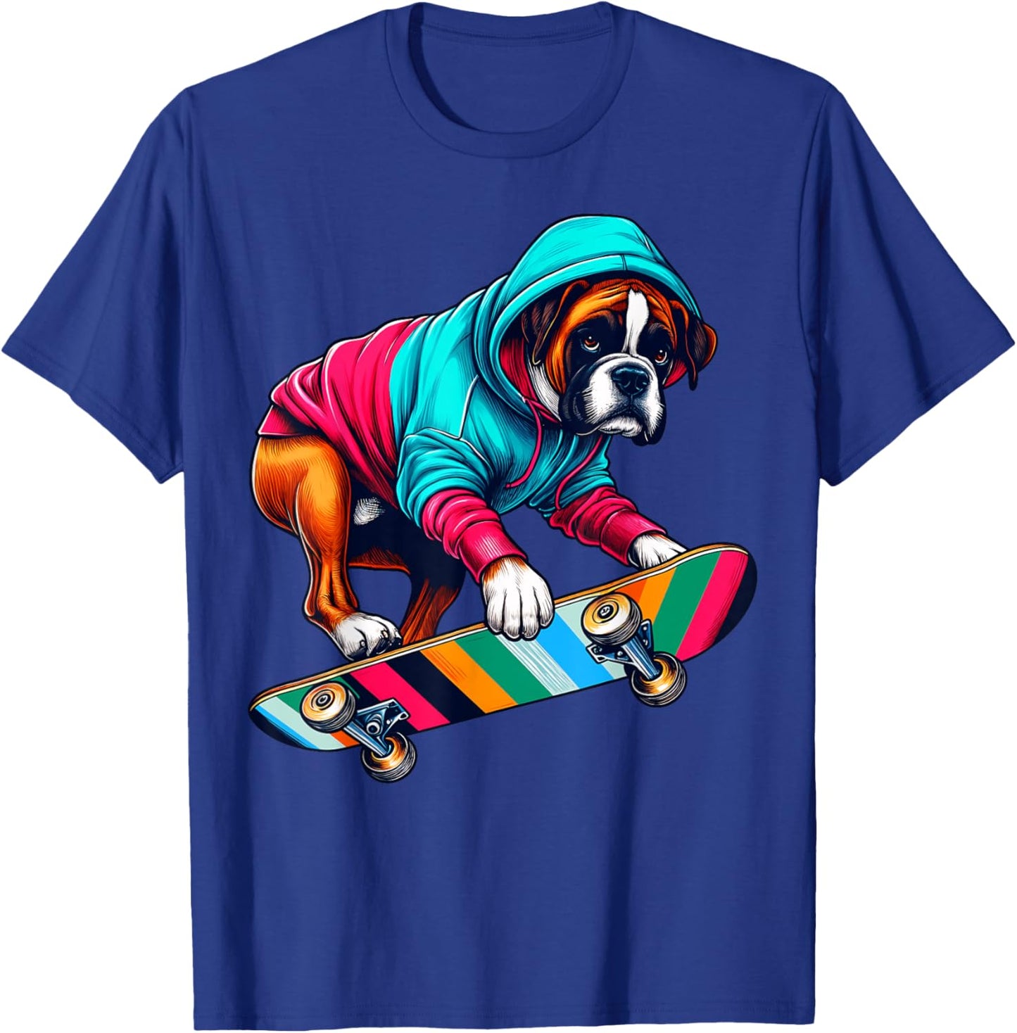 Cool Boxer Dog Skateboarding Illustration Art T-Shirt - T-Shirt | Royal