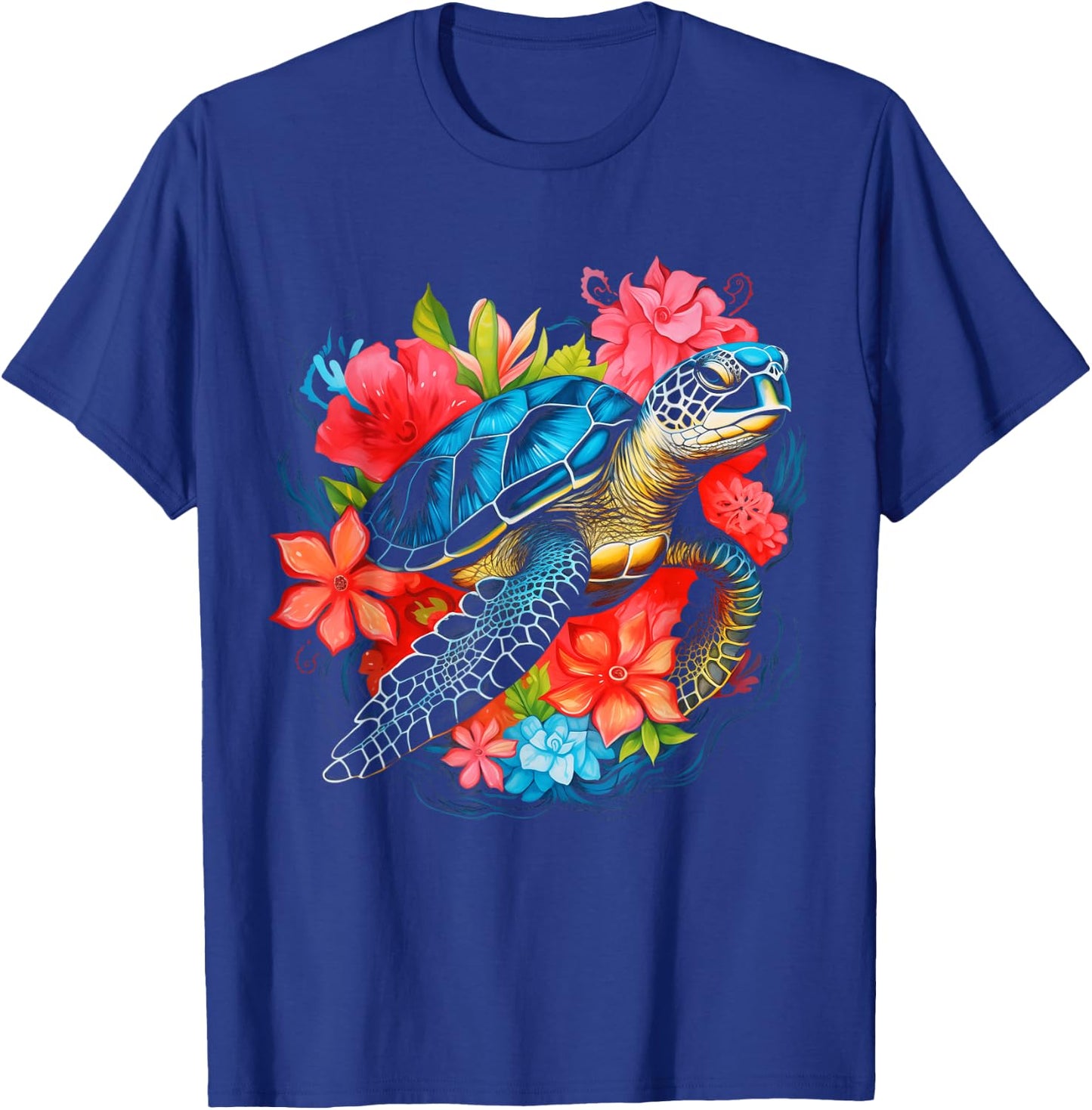 Sea Turtle Hawaiian Flowers Hawaii Scuba Diving Diver T-Shirt - T-Shirt | Royal
