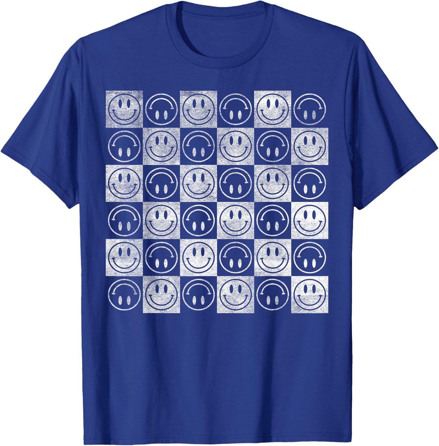 Happy Face Checkerboard Pattern Minimal – Checkered Smile T-Shirt - T-Shirt | Royal